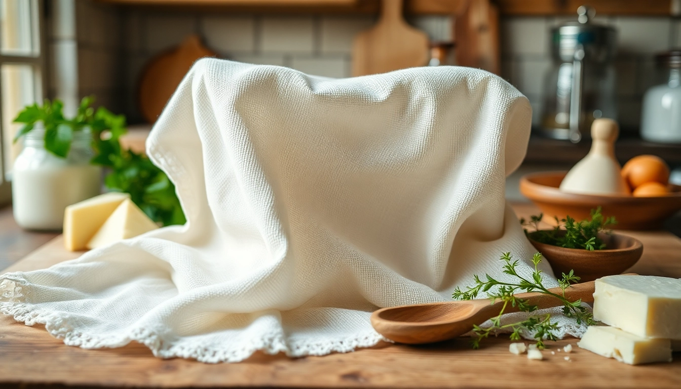 Kaasdoek op een houten tafel met verse zuivelproducten en kruiden, perfect voor het maken van kaas.
