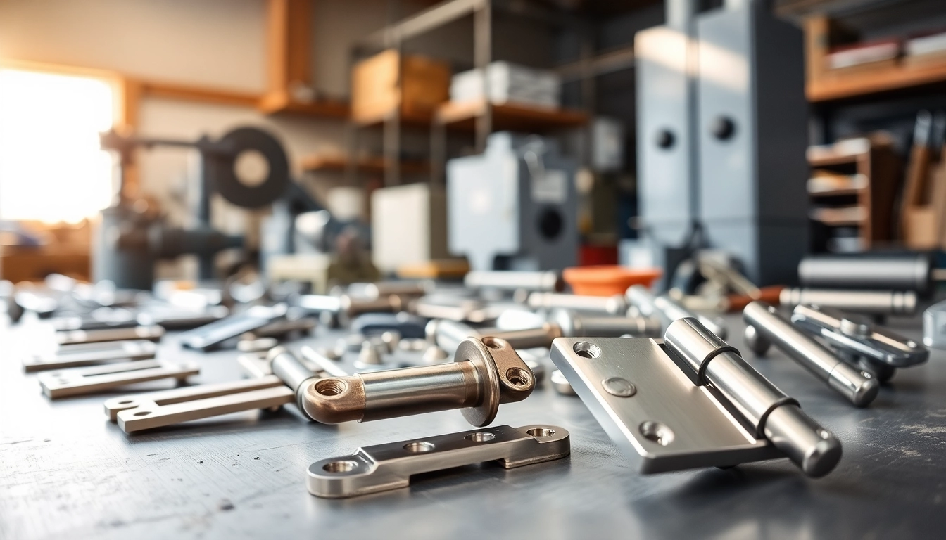 Cabinet hinge manufacturers displaying various high-quality hinges in a workshop setting.