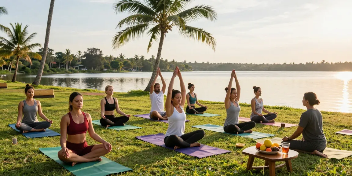 200 hour YTT Sri Lanka students practicing yoga at a serene lakeside retreat.