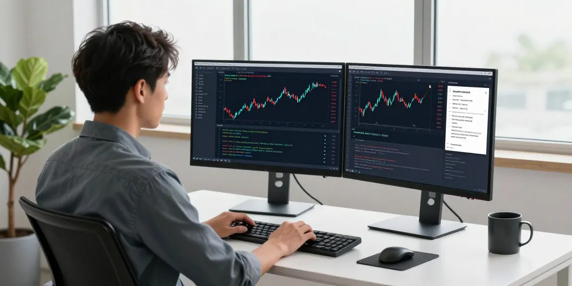 Developer utilizing the Hang Seng historical Kline API in a modern tech workspace, showcasing financial data analysis.