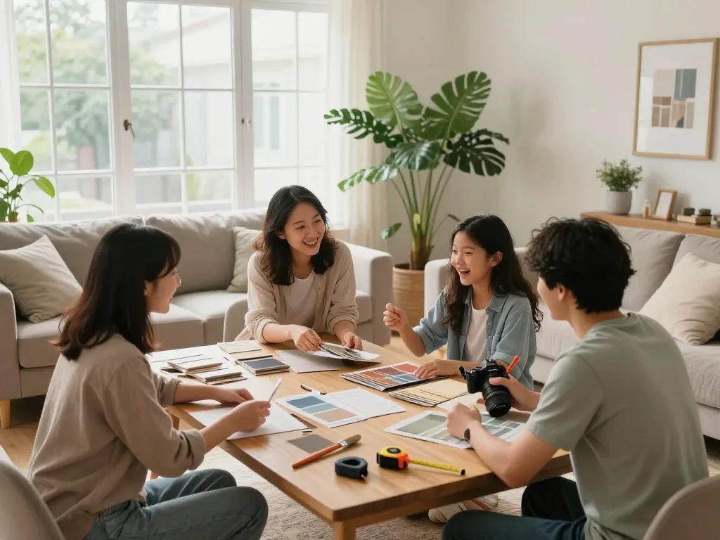Home renovation scene of a family collaborating on design choices in a bright living room.