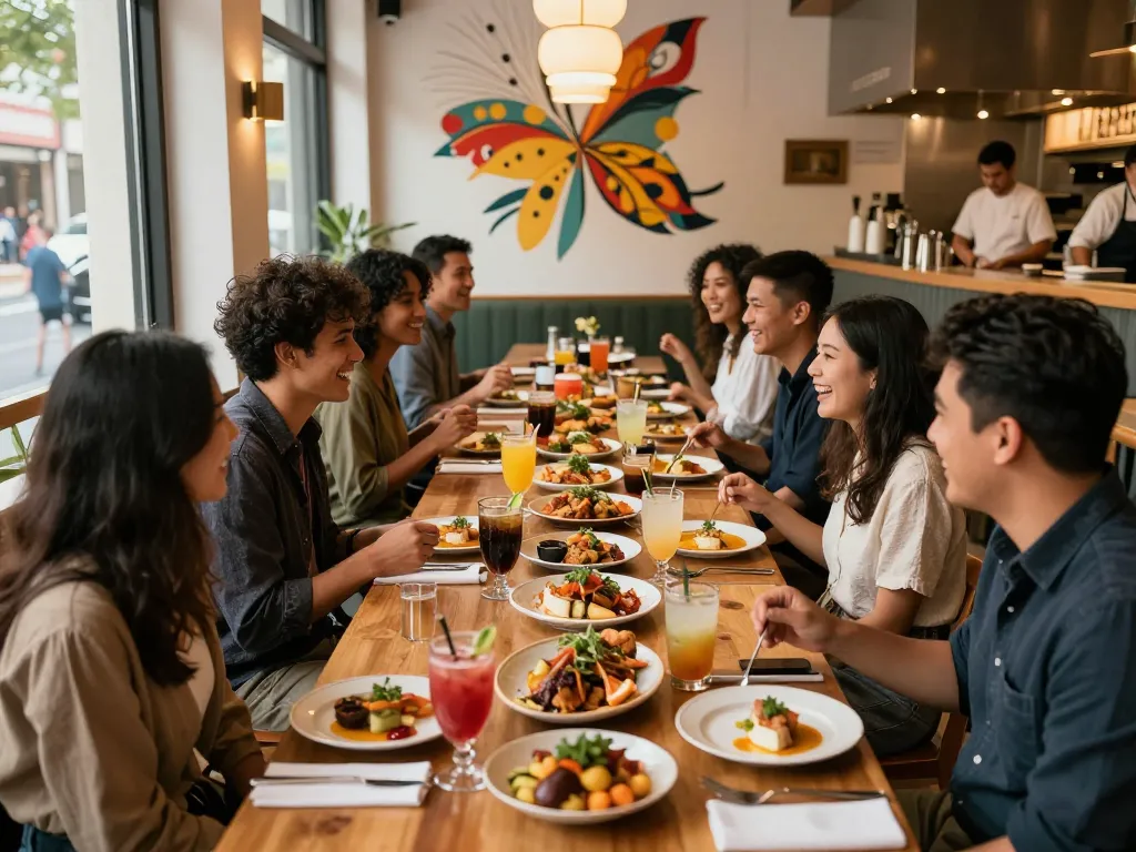 Guests savoring dishes at POKERSERI restaurant, showcasing a vibrant dining experience and joyful atmosphere.