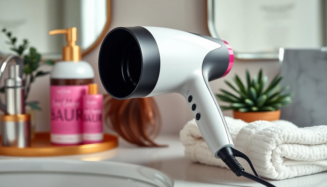 Transform frizzy hair effortlessly with this sleek, professional hair dryer on a elegant bathroom counter.