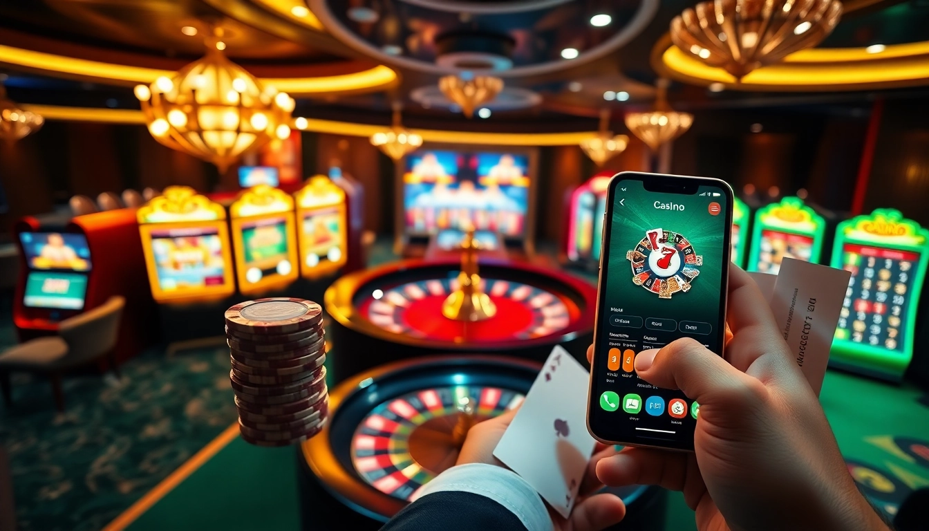Scène engageante de joueurs profitant des jeux de casino en ligne avec des jetons de poker et une roue de roulette.