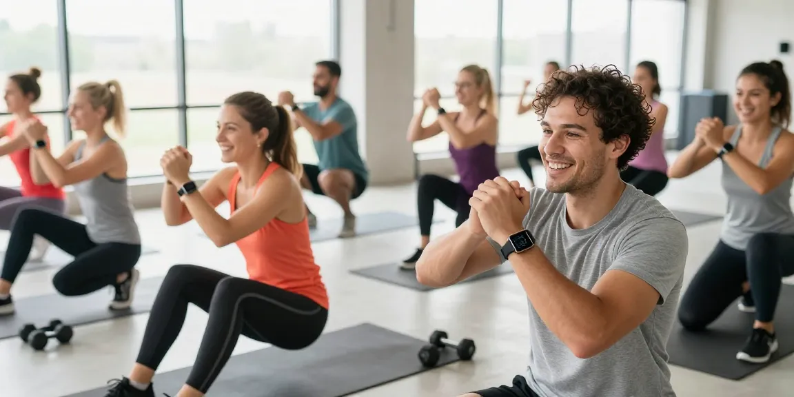 Aktivitas kebugaran dengan Fitbit Luxe di studio yang cerah, menunjukkan teman-teman berolahraga bersama secara energik sambil melacak kesehatan mereka.
