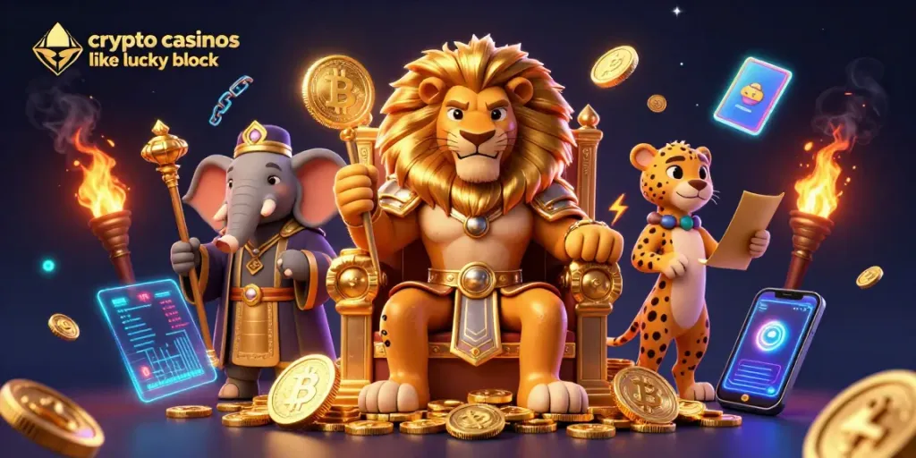 Join the adventure in crypto casinos like lucky block with a lion king on a treasure throne.