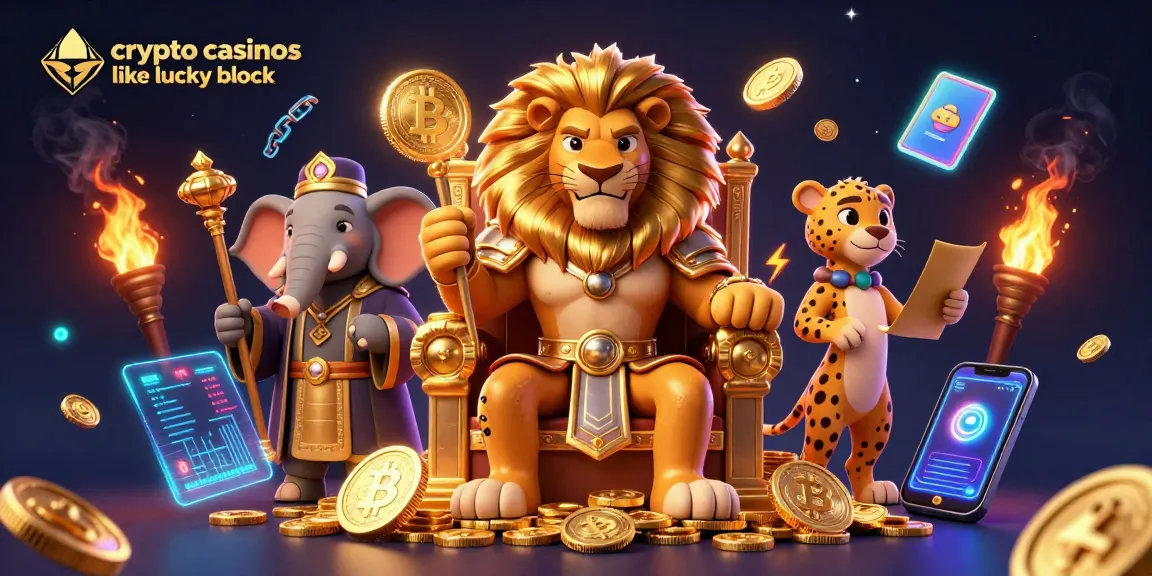 Join the adventure in crypto casinos like lucky block with a lion king on a treasure throne.