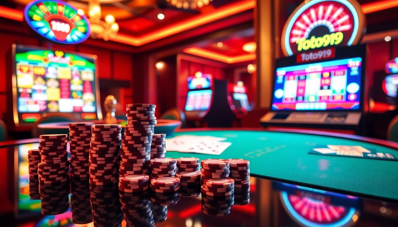 Engaging gamblers at the exciting toto919 casino table with vibrant chips and roulette wheel.