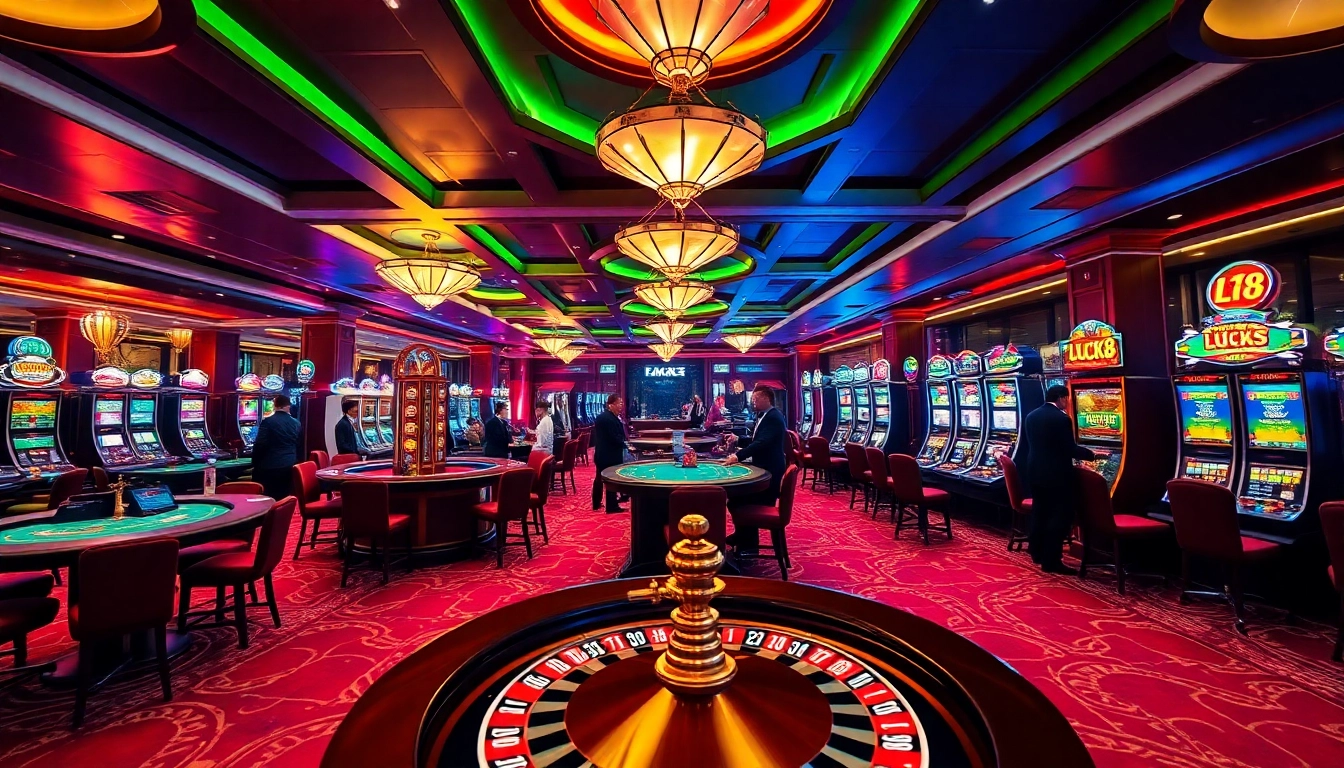 LUCK8 players enjoying a thrilling experience at an elegant casino table with vibrant slot machines.