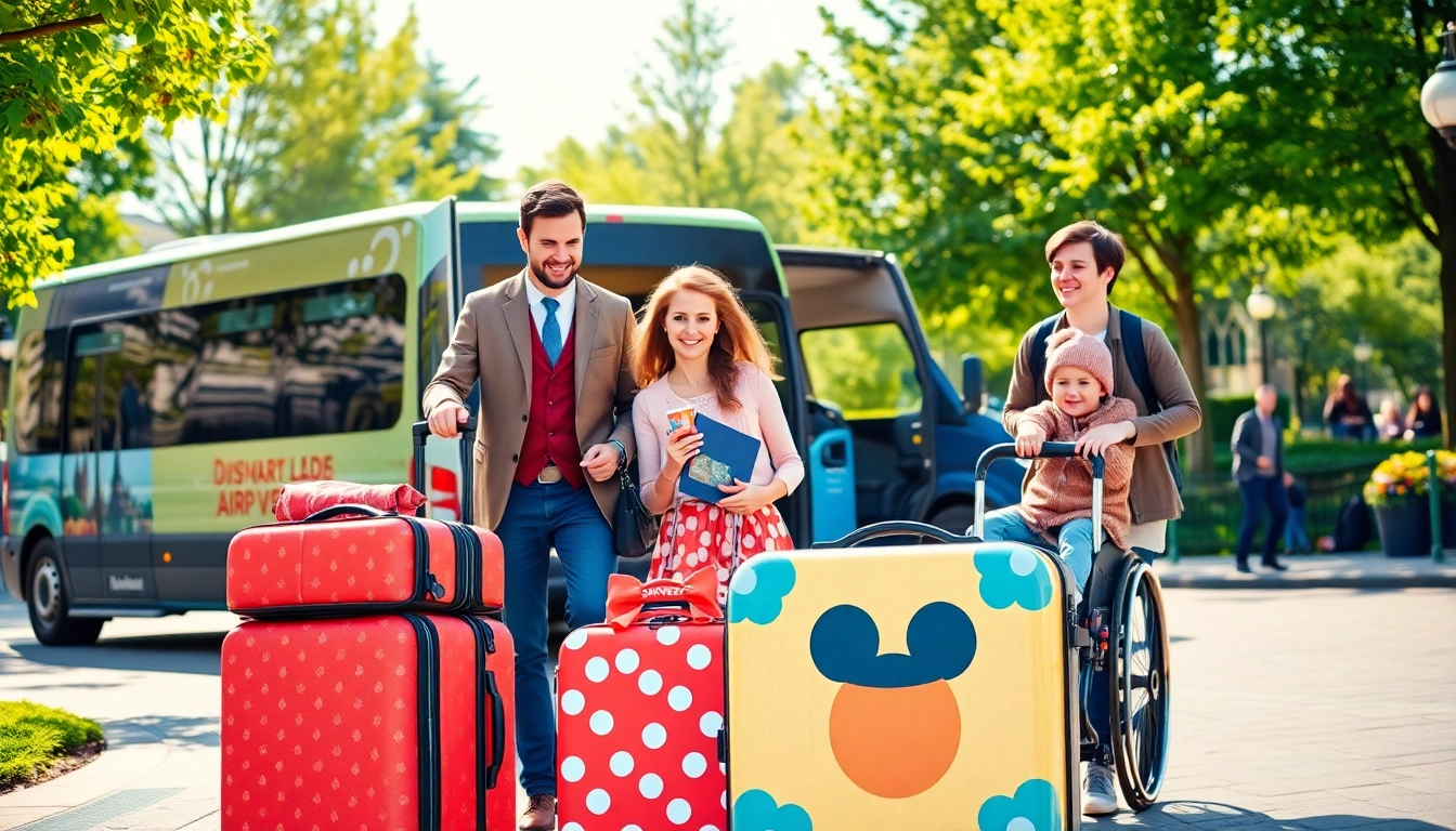 Families enjoying the Beauvais Airport to Disney Transfer in a magical travel experience surrounded by Disney themes.