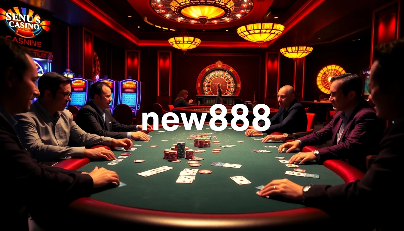 Players engage at a poker table filled with chips, capturing the excitement of new888 gambling.
