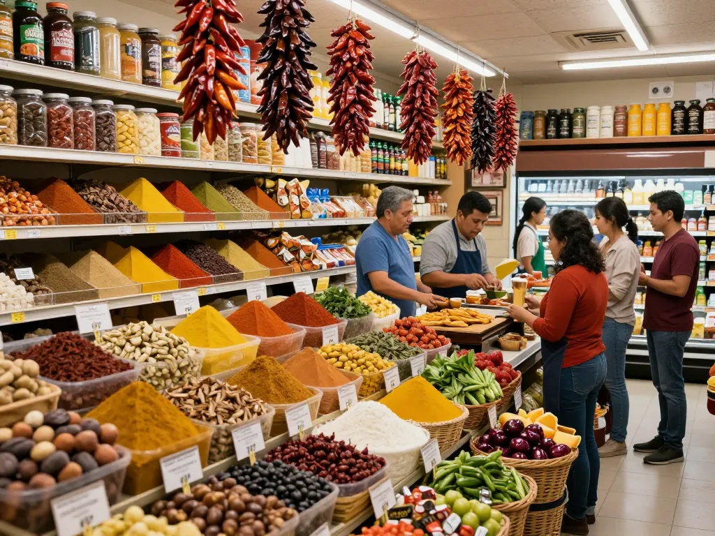 Engage with our latin grocery shopping guide in a vibrant market with colorful ingredients.