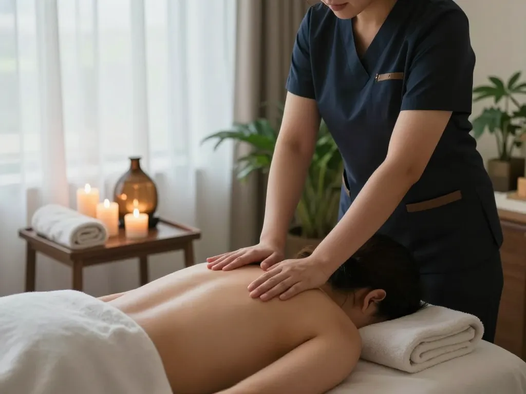 Relaxing 삼성동마사지 therapy session in a serene spa environment with soft lighting.