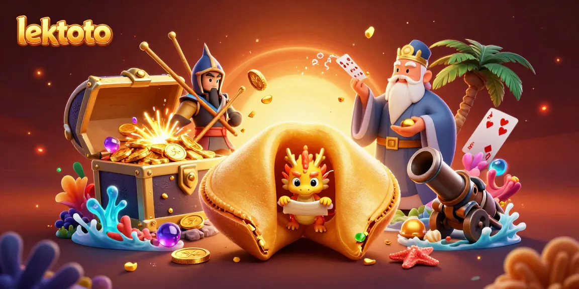 Experience the excitement of lektoto with a vibrant 3D illustration showcasing a golden fortune cookie and dynamic casino elements.