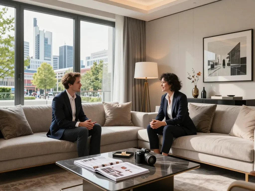 Immobilienmakler Frankfurt Sachsenhausen präsentiert elegantes Apartment potenziellen Käufern in einem lebhaften städtischen Umfeld.