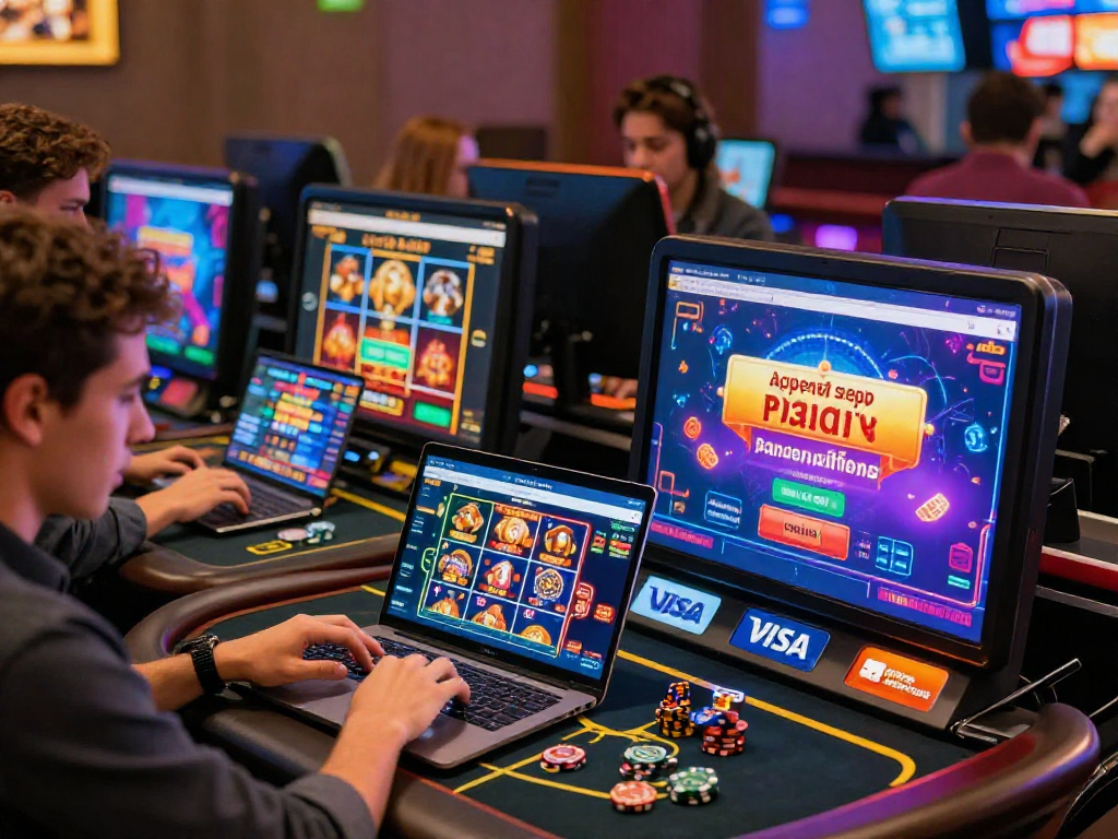 Engaging scene of players enjoying games at visa and mastercard casinos, featuring vibrant screens and lively atmosphere in a modern online casino setting.