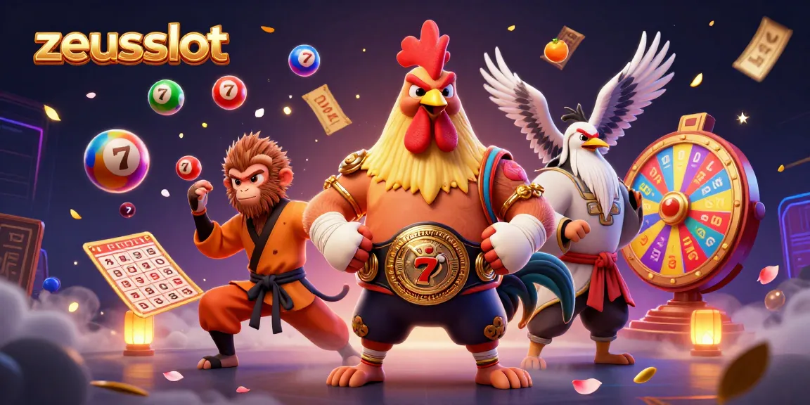 Spin the zeusslot and experience thrilling jackpots with vibrant characters and dynamic elements in this 3D illustration.