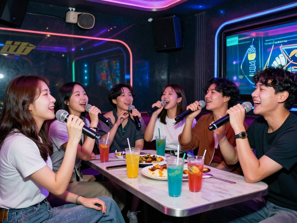 강남 디저트에서 친구들과 함께 노래를 즐기는 모습, 활기찬 분위기의 최신형 노래방