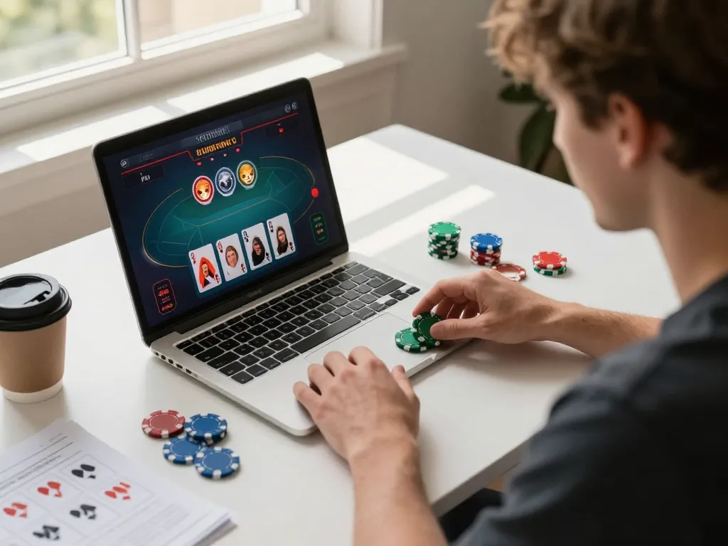 Engaged player exploring online casinos Canada while placing poker bets at home