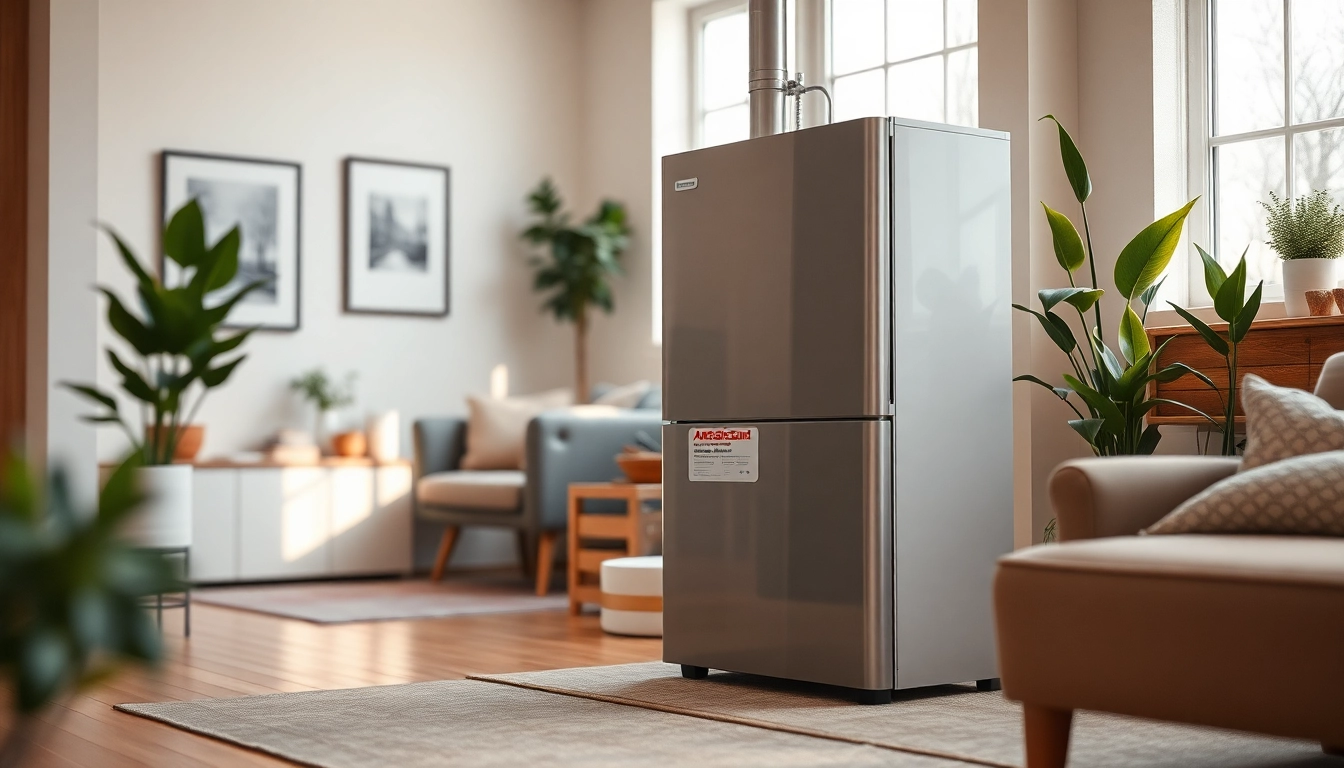 Install a modern american standard furnace in a cozy living room for ultimate comfort.
