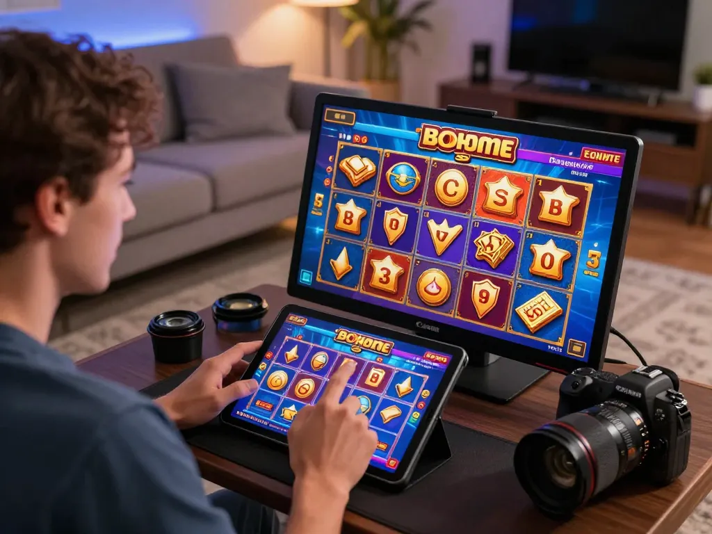 Xpay33 promotion featuring a player joyfully interacting with a slot game on a tablet in a lively online gaming atmosphere.