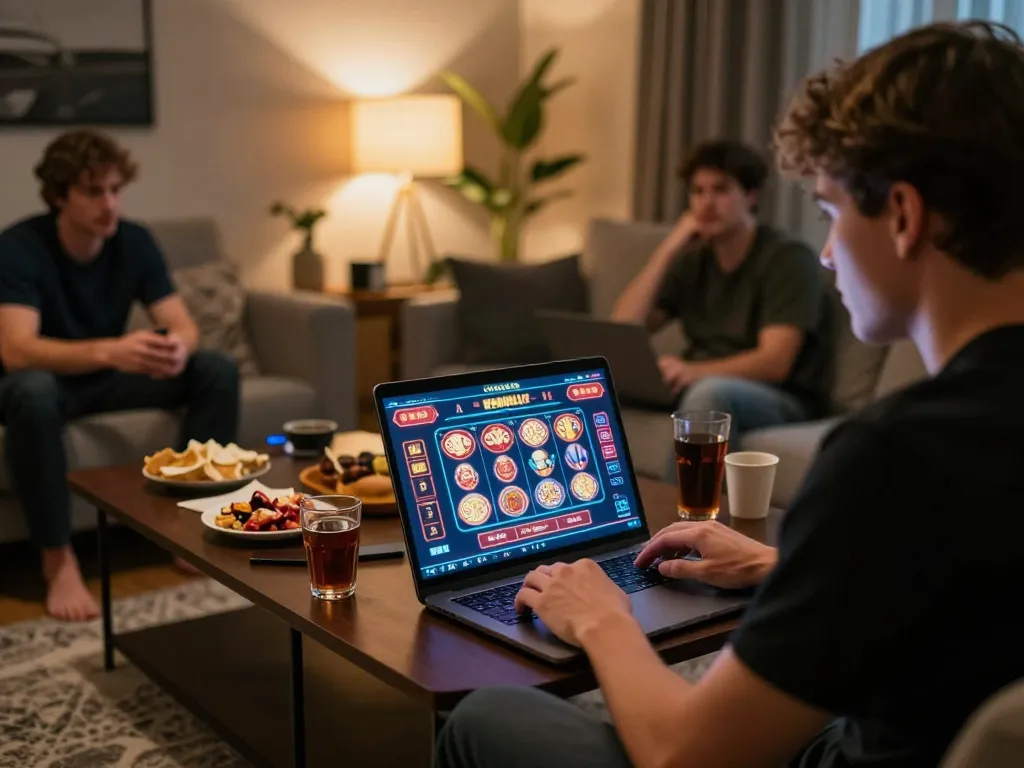 Engaged player enjoying spinaud casino online pokies in a cozy home environment