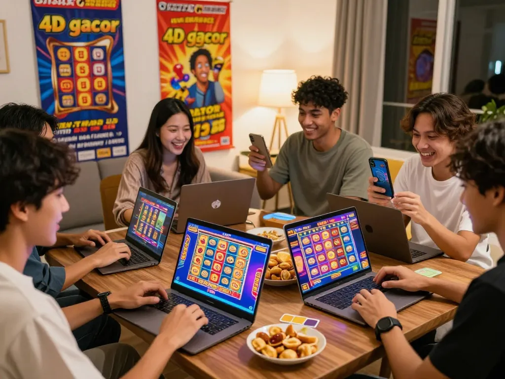 Excited friends enjoying online gambling experiences on various devices in cozy living room, featuring 4D slot gacor and togel games, captured for https://bankssg.com/banking-news.
