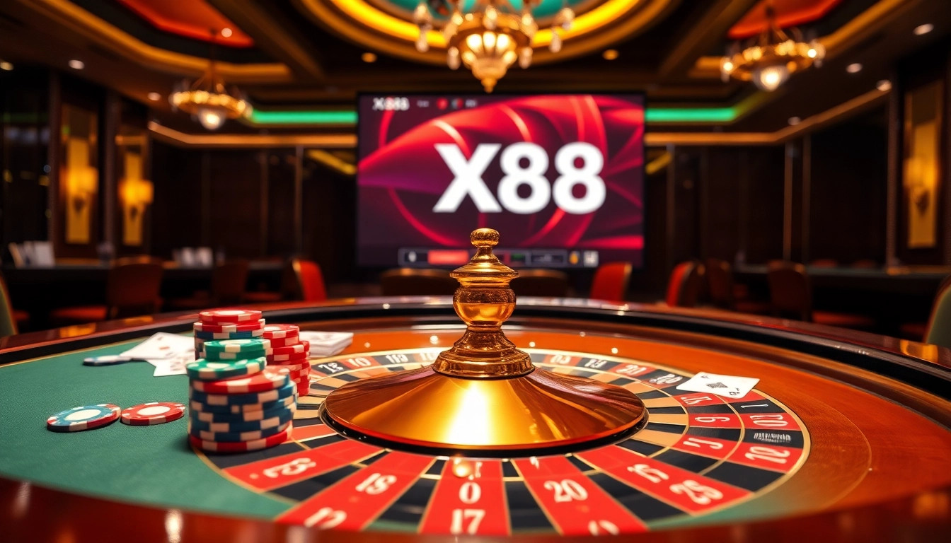 X88 casino scene with roulette, poker chips, and playing cards creating an exciting gambling atmosphere.