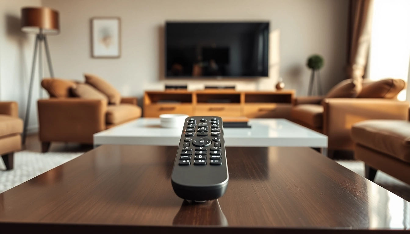 Verwenden Sie die Samsung AA59-00582A Fernbedienung auf einem modernen Couchtisch in einem stilvollen Wohnzimmer.