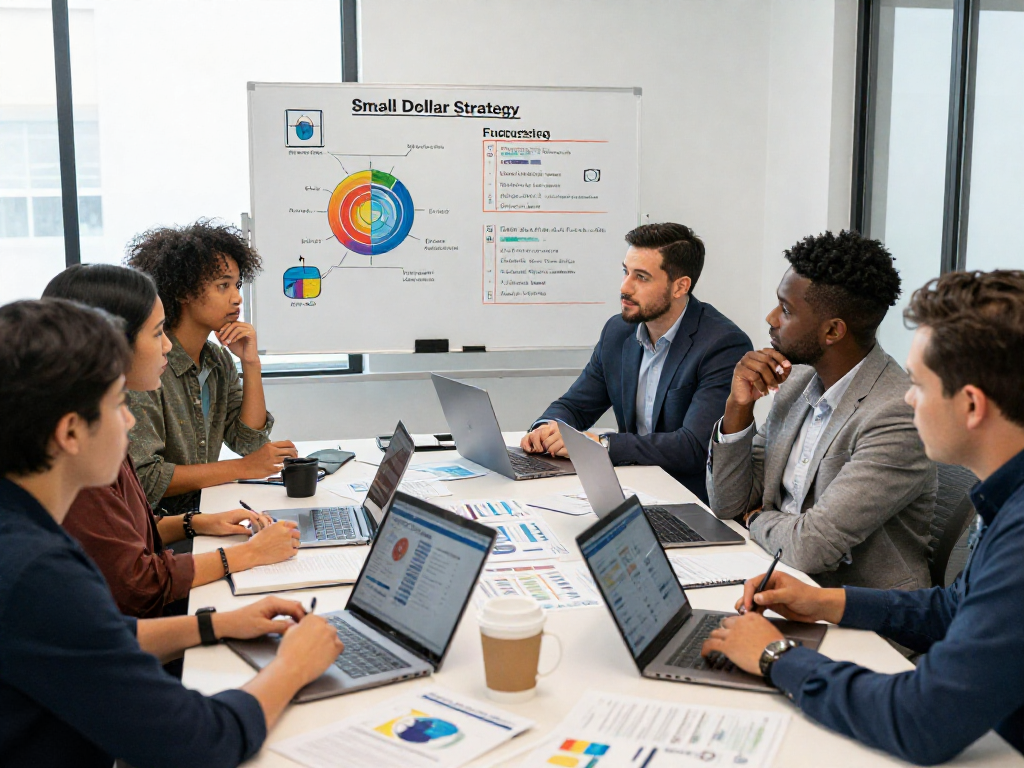 Strategists discussing small dollar fundraising strategies during a campaign meeting in a modern office.