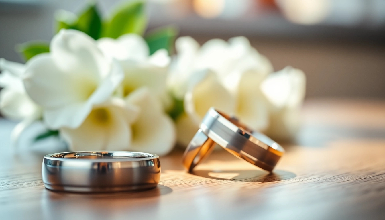 Featuring exquisite tungsten wedding bands with elegant designs on a rustic wooden table.