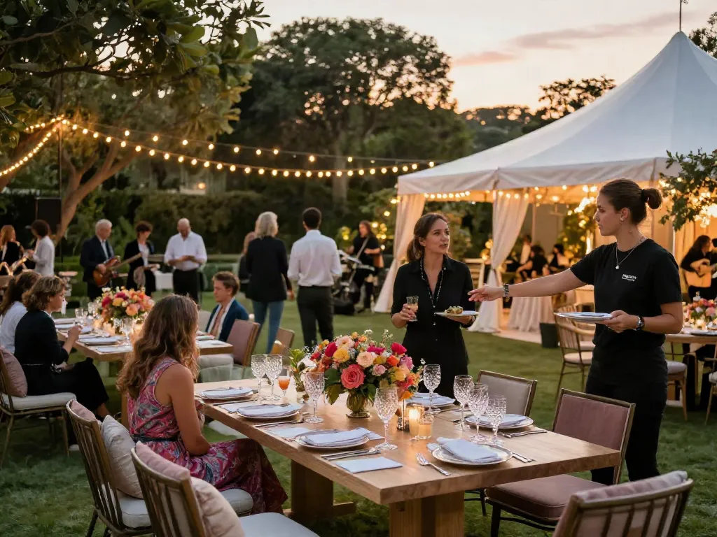 Event rental ksa setup featuring elegant outdoor tables, vibrant florals, and festive ambiance for luxury gatherings.