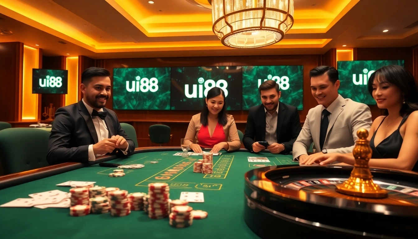 Experience high-stakes action at uu88's luxurious casino gaming table with poker chips and cards.