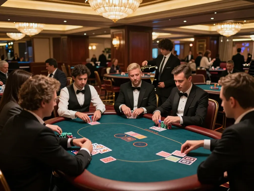 Players experience high-stakes gaming with vipwin in an upscale poker setting, showcasing chips and cards.