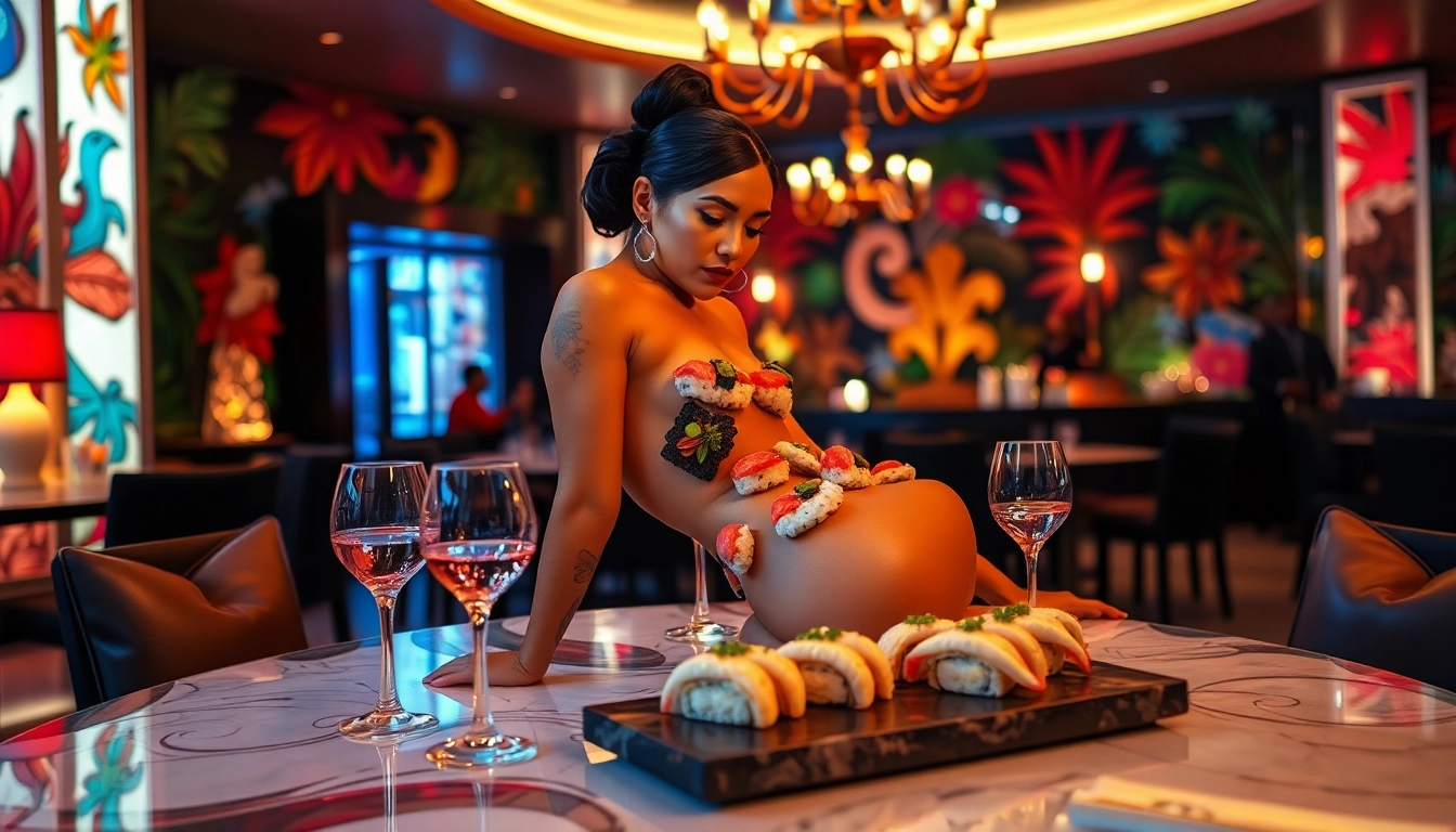 Body sushi experience at Club Noir, showcasing an elegant presentation on a model amidst a vibrant nightlife setting.