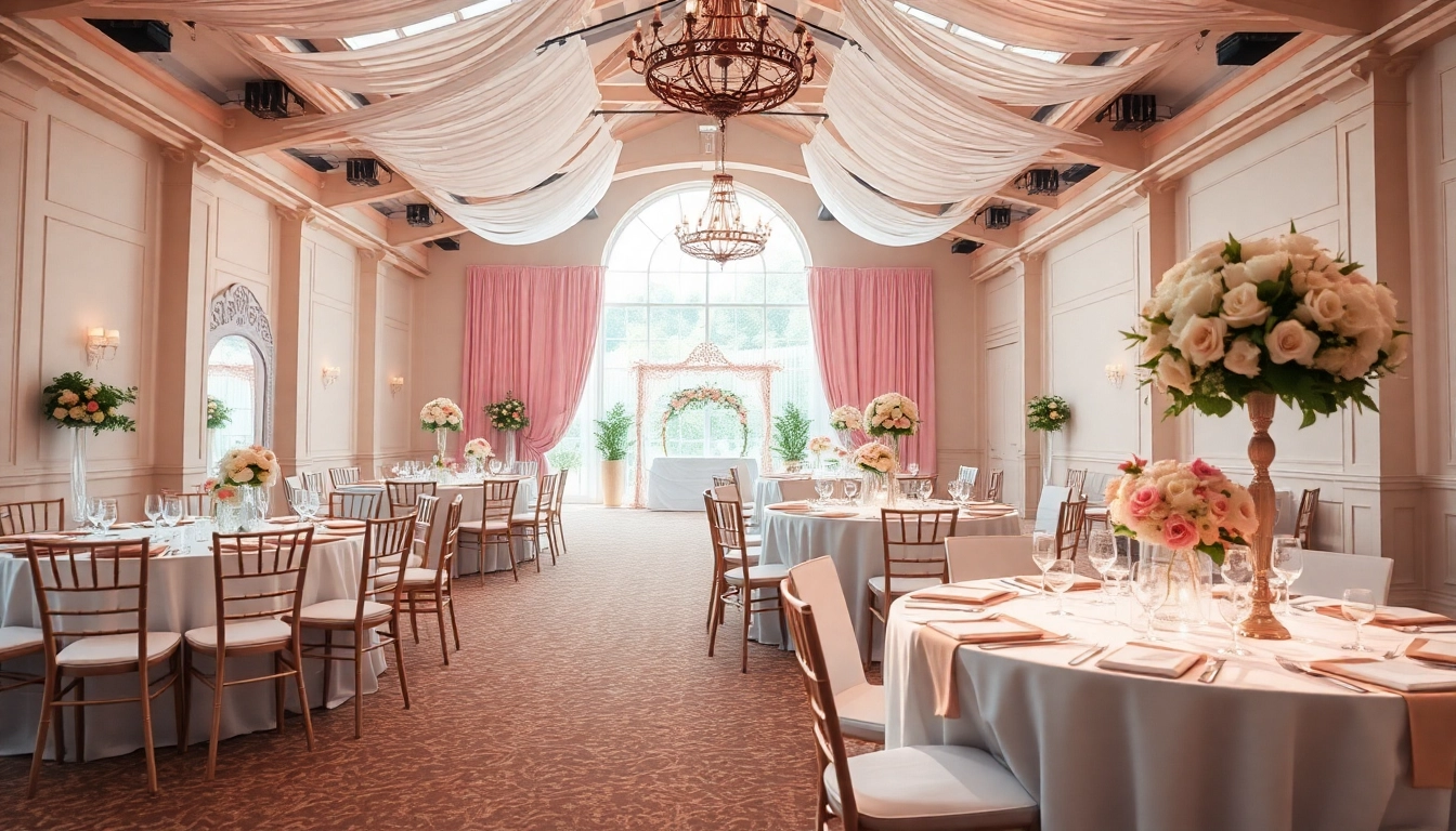 Veranstaltungsort mit eleganten Tischen und bezaubernden Blumenarrangements im Vordergrund