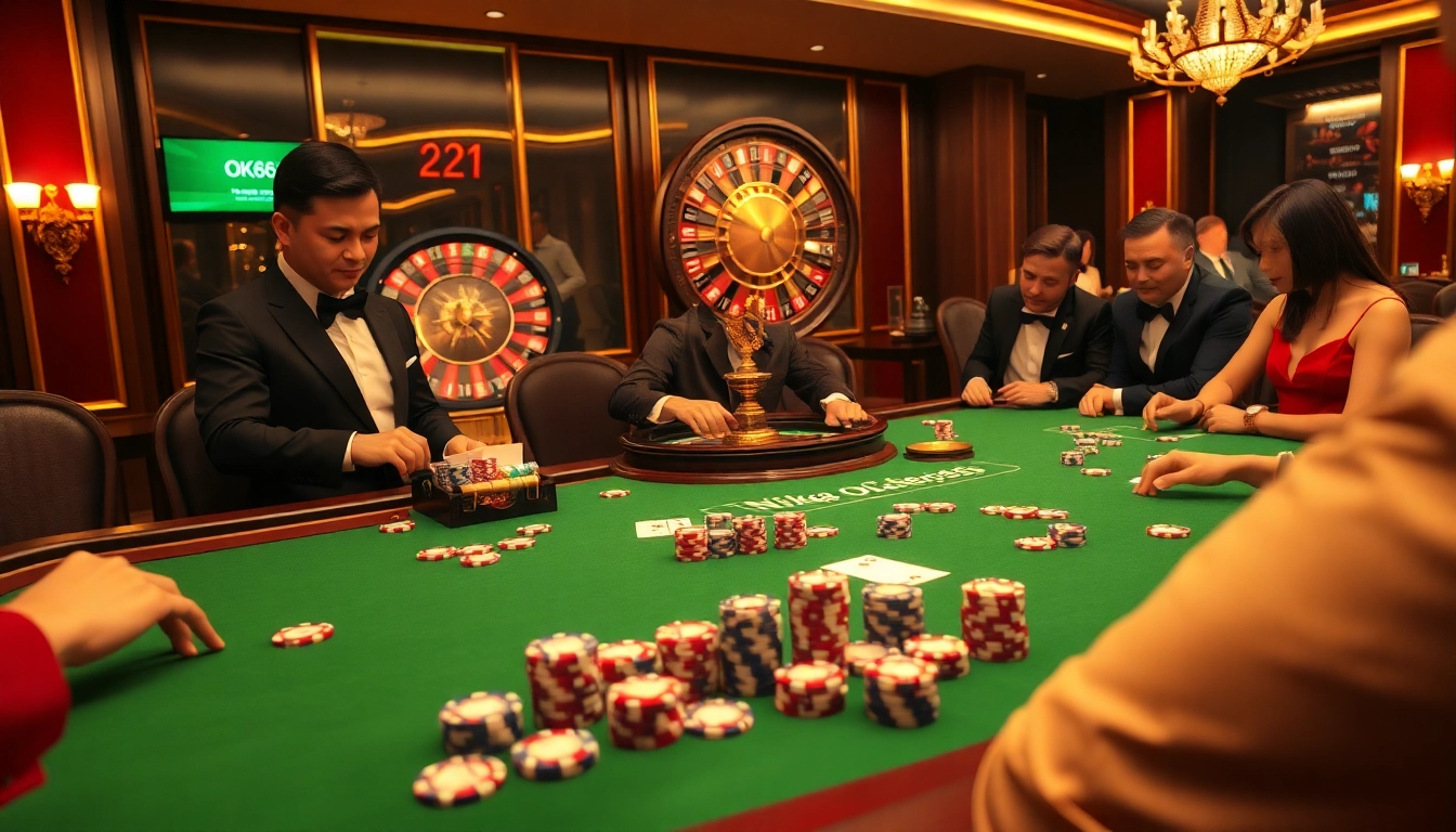 Experience the thrill of gambling at nhà cái OK365 with vibrant casino tables, engaging players, and professional dealers.