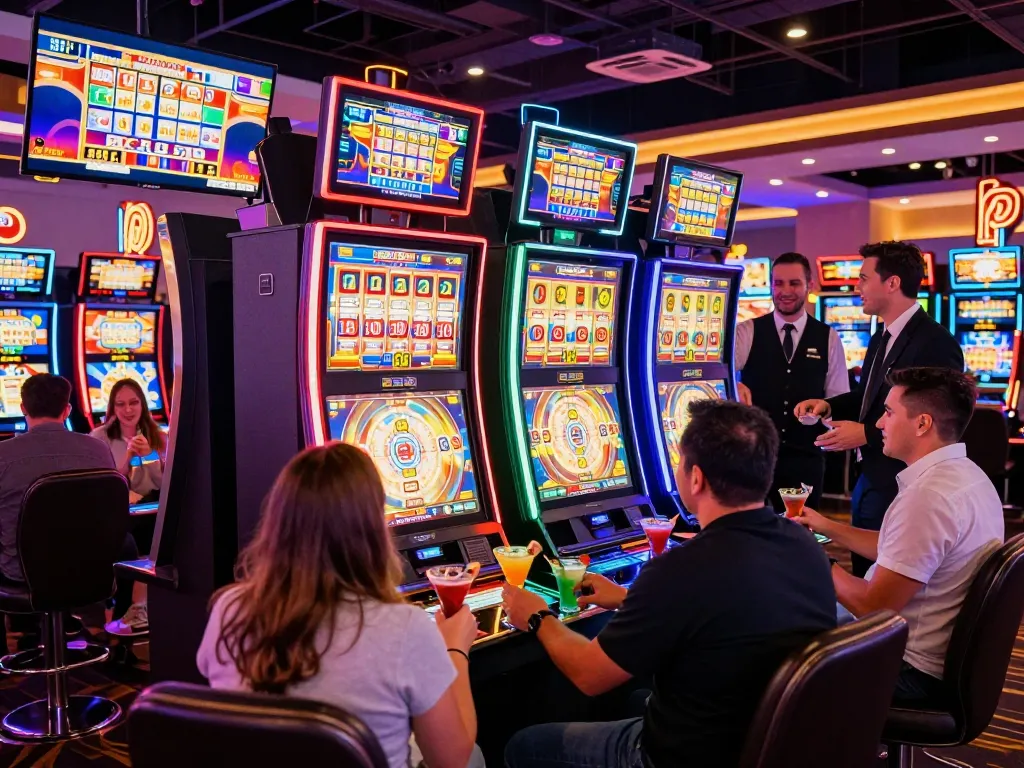 Pemain menikmati keseruan mesin slot link di suasana kasino yang ramai.