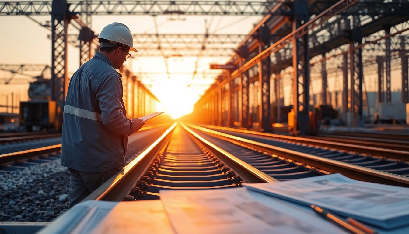 Engineer analyzing a railway system featuring universal rail with vibrant sunset background.