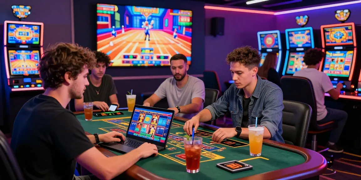 Engaging players at a credit card casino enjoying games online with colorful digital displays and drinks.
