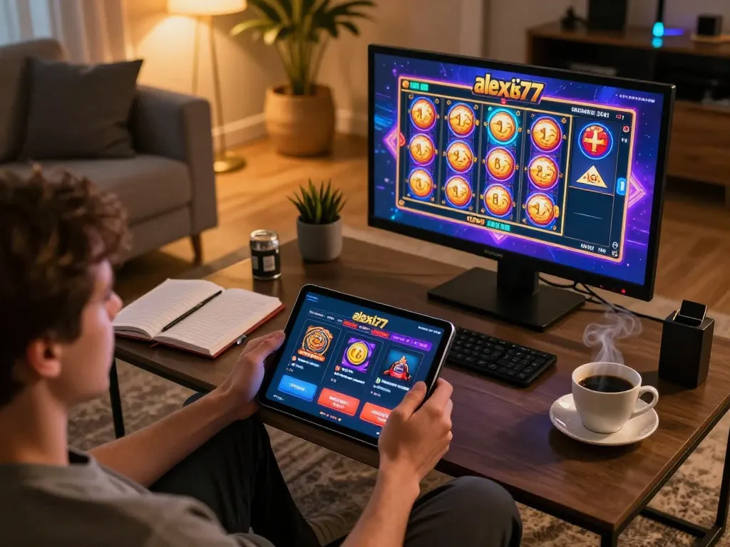 Engaging with alexis77 casino app on a tablet while enjoying a cozy home atmosphere