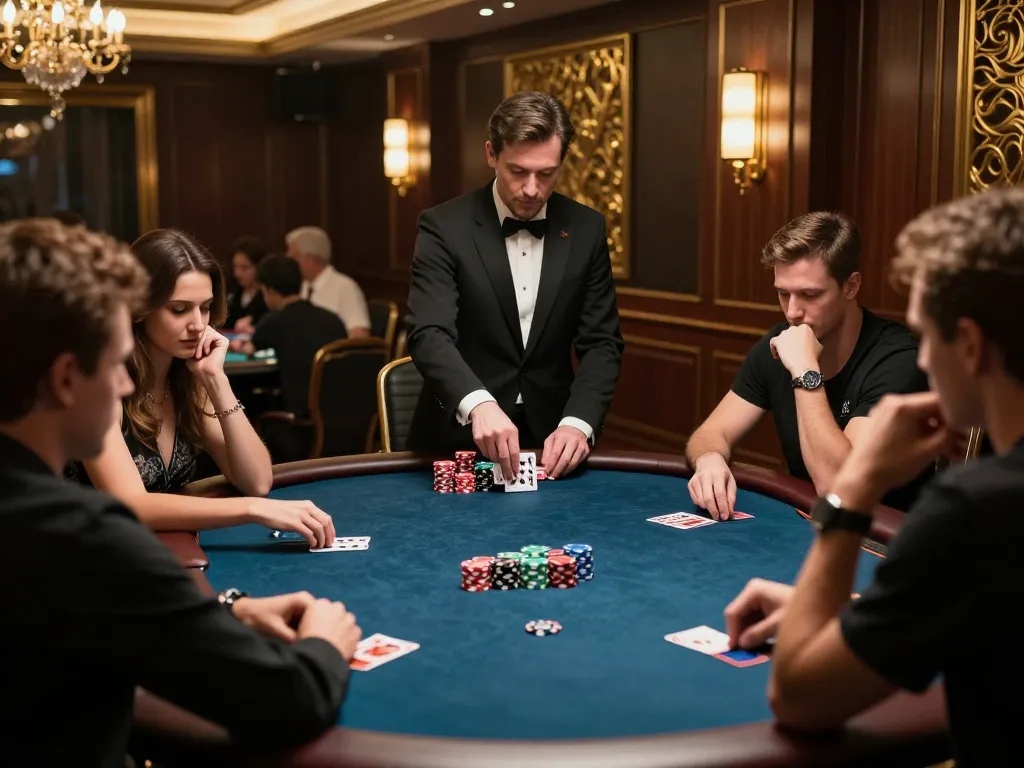 Players strategizing at a poker table in an upscale casino setting on https://mm88.blog/ for an exhilarating experience.
