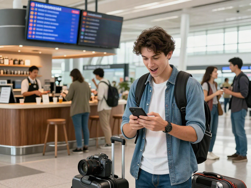 חיבור eSIM לחו"ל במעבר במרכז טיסות, גבר צעיר עם מזוודה פעיל את ההגדרות