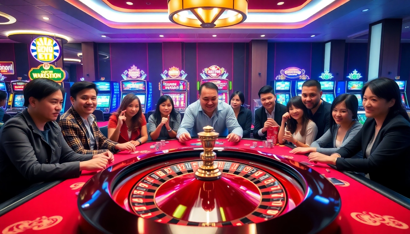 Players enjoying an exciting game at QQ88’s luxury casino table with vibrant chips and roulette wheel.