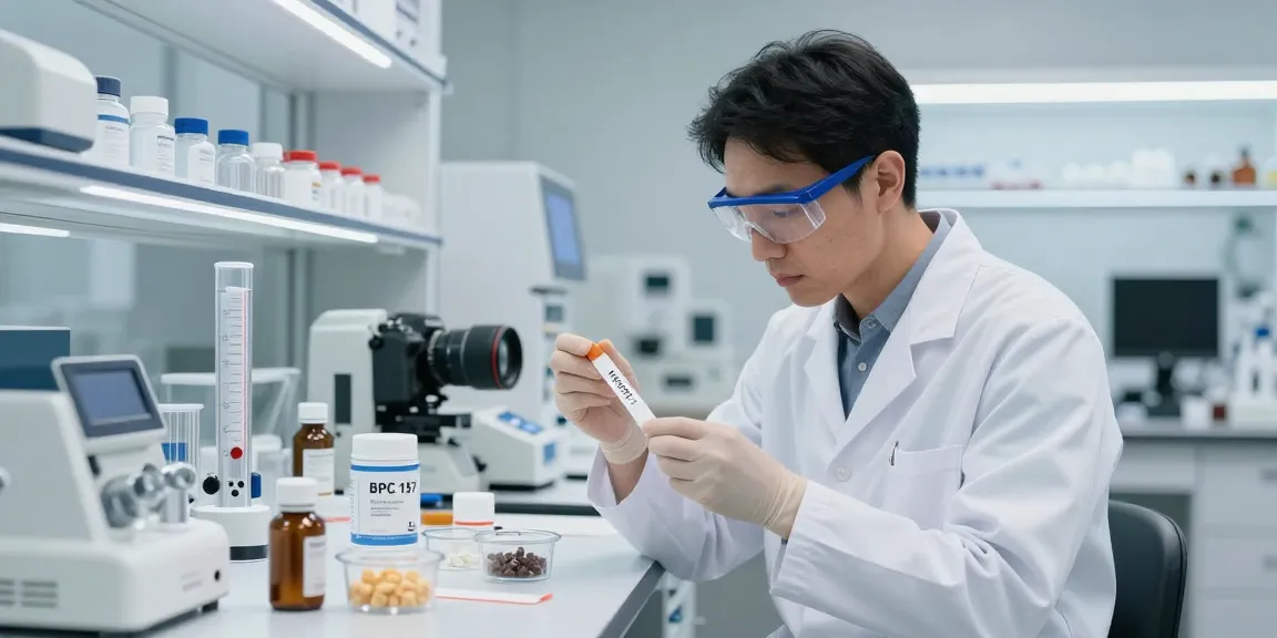 BPC 157 Benefits depicted through Buccal Strips analysis in a modern lab, showcasing advanced health technology.