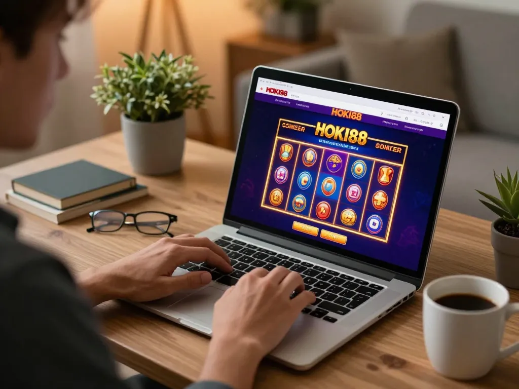 Memainkan slot online HOKI88 di suasana rumah yang nyaman, menampilkan momen permainan strategis.