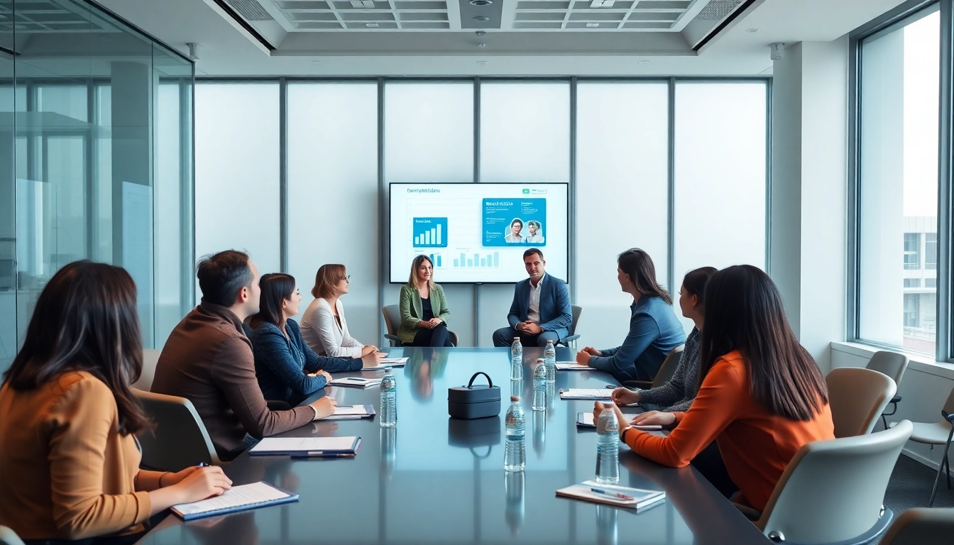 Mediation session with diverse participants engaging in discussion in a modern conference room.