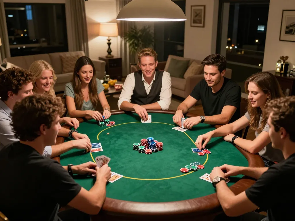Friends engaging in a lively poker game at home, featuring 32win strategic moments surrounded by laughter and snacks.