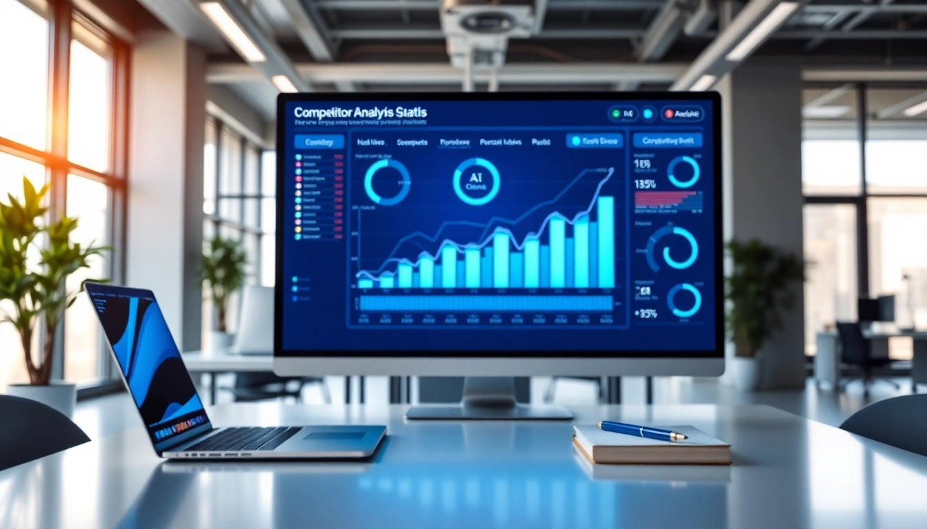 Analyze data using AI for competitor analysis in a modern office environment.