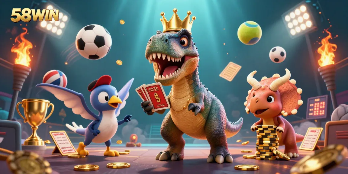 Experience thrilling fun with 58WIN casino games featuring animated dinosaurs stacking chips and shuffling cards.